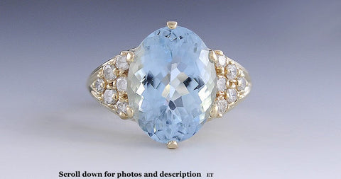 Stunning Modern 14k Yellow Gold ~8ct Blue Aquamarine & Diamond Ring Size 9.25