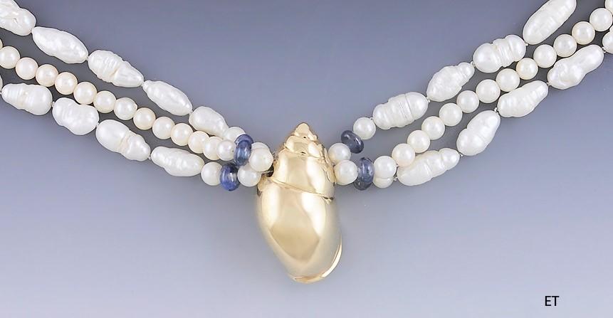 Beautiful Pearl Sapphire & 14K Gold Multi Strand Seashell Necklace