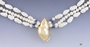 Beautiful Pearl Sapphire & 14K Gold Multi Strand Seashell Necklace