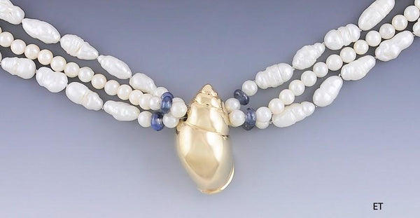 Beautiful Pearl Sapphire & 14K Gold Multi Strand Seashell Necklace