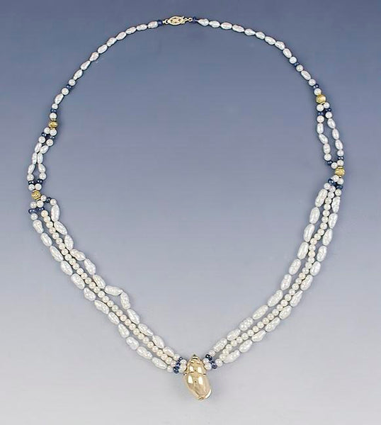 Beautiful Pearl Sapphire & 14K Gold Multi Strand Seashell Necklace