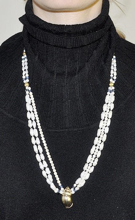 Beautiful Pearl Sapphire & 14K Gold Multi Strand Seashell Necklace
