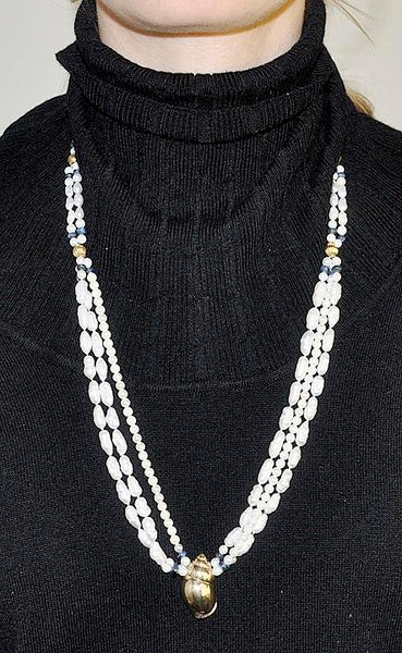 Beautiful Pearl Sapphire & 14K Gold Multi Strand Seashell Necklace