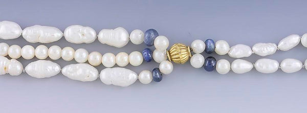 Beautiful Pearl Sapphire & 14K Gold Multi Strand Seashell Necklace