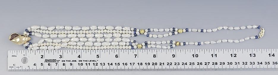 Beautiful Pearl Sapphire & 14K Gold Multi Strand Seashell Necklace