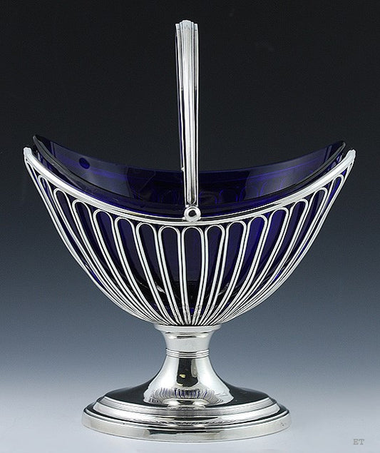 Antique 19th Century Sheffield Fused Silver Plate Glass Liner Basket Dish