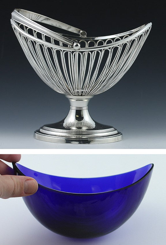 Antique 19th Century Sheffield Fused Silver Plate Glass Liner Basket Dish