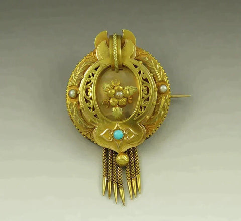 Antique Victorian Memorial Mourning Hair 16K 18K Gold Turquoise Pearl Brooch Pin