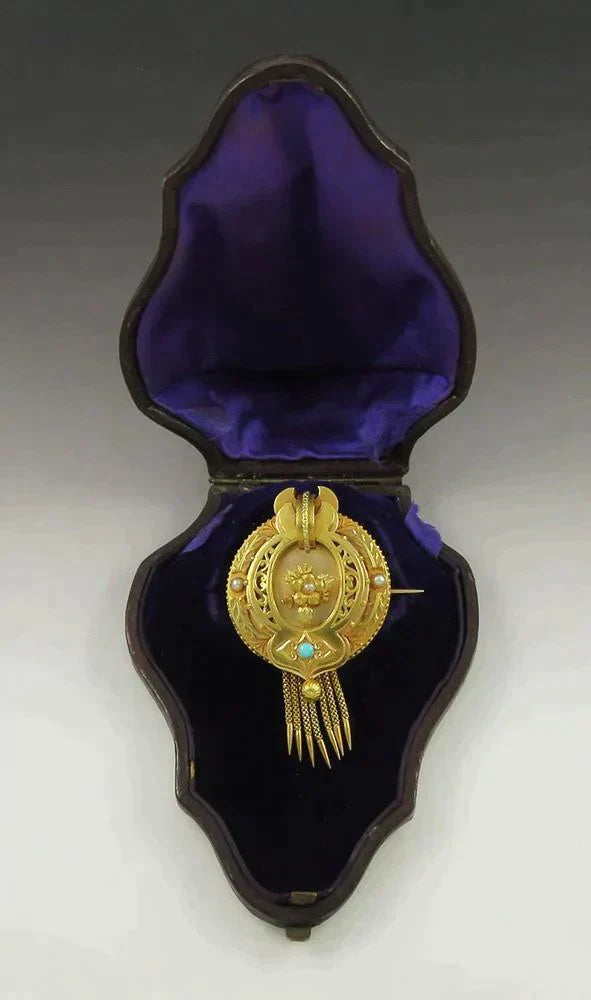 Antique Victorian Memorial Mourning Hair 16K 18K Gold Turquoise Pearl Brooch Pin