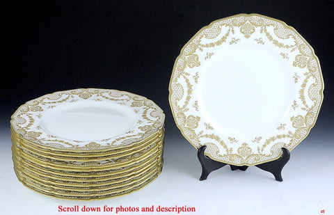 12 c1920 English Porcelain Royal Doulton Gilt Dinner Plates