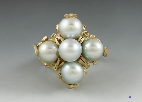 Large 14K Yellow Gold Pearl Ring in Vine or Branch Setting Size 7.5