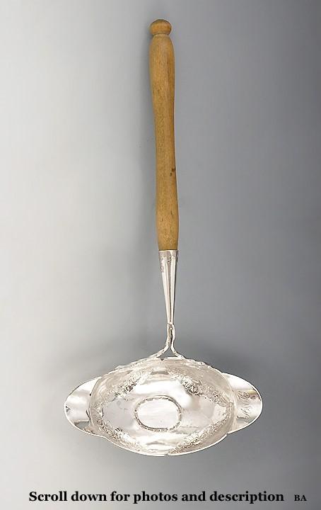 1700s SCANDINAVIAN SILVER LADLE with CARVED WOOD HANDLE