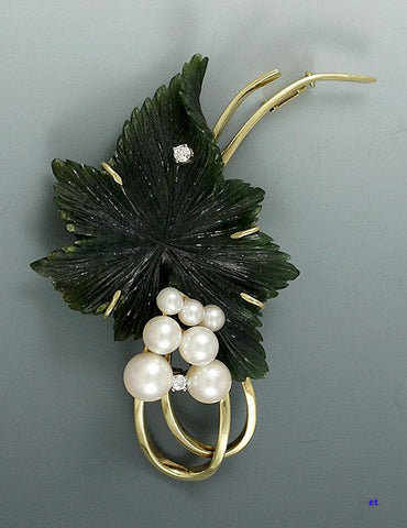 Neat 14k Jade Carved Grape Leaf Pearl Diamond Pin Brooch