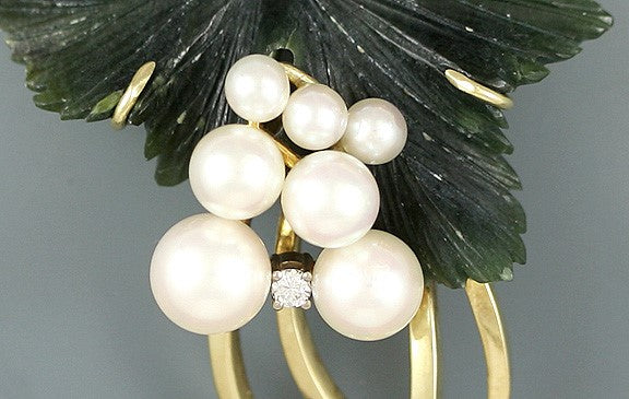 Neat 14k Jade Carved Grape Leaf Pearl Diamond Pin Brooch