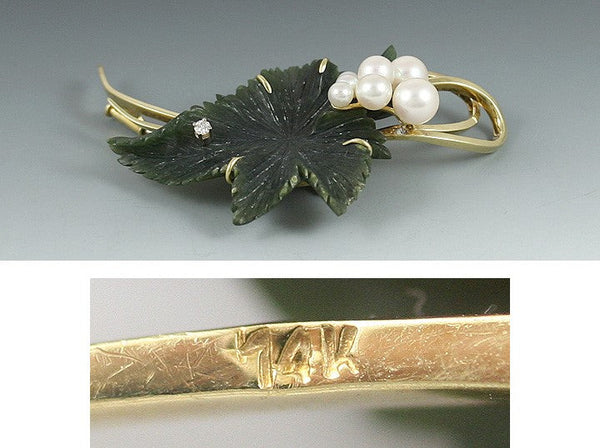 Neat 14k Jade Carved Grape Leaf Pearl Diamond Pin Brooch