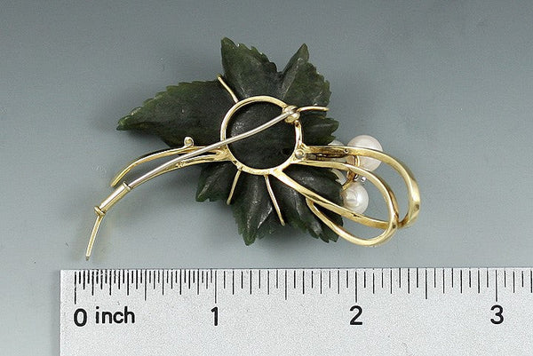 Neat 14k Jade Carved Grape Leaf Pearl Diamond Pin Brooch