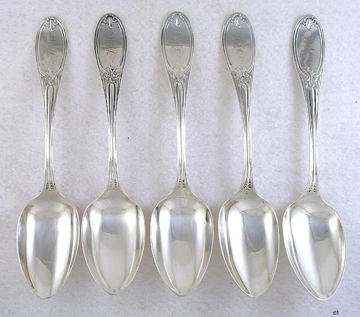 5 American Coin Silver Olive pat Serving Spoons J. Rudd