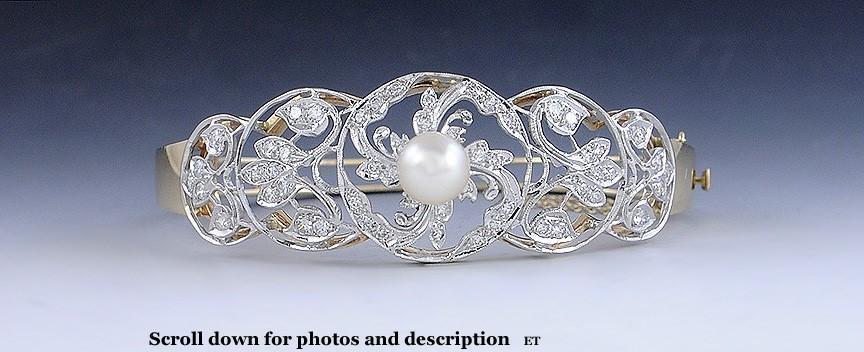 Lovely 14k Gold Pearl & .75ct Diamond Filigree Openwork Hinge Cuff Bracelet