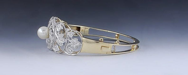 Lovely 14k Gold Pearl & .75ct Diamond Filigree Openwork Hinge Cuff Bracelet