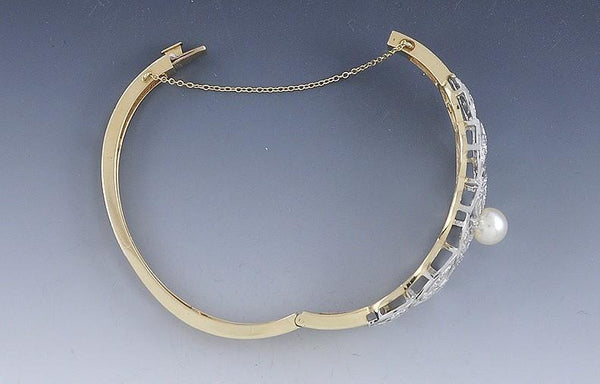 Lovely 14k Gold Pearl & .75ct Diamond Filigree Openwork Hinge Cuff Bracelet