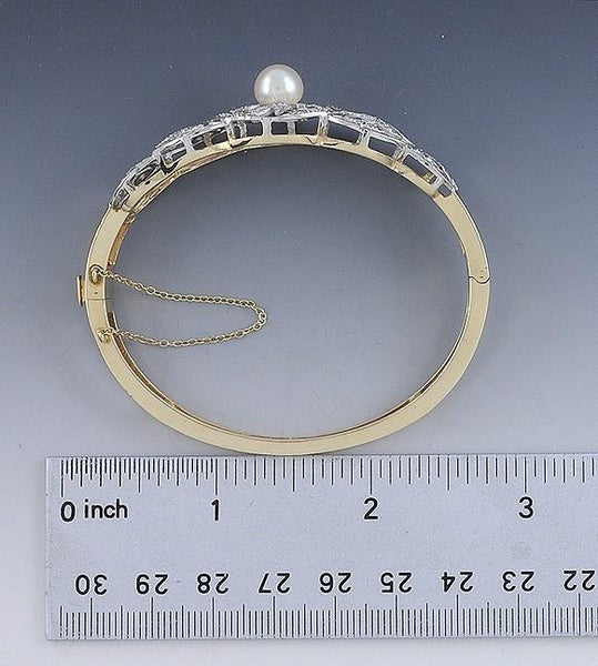 Lovely 14k Gold Pearl & .75ct Diamond Filigree Openwork Hinge Cuff Bracelet