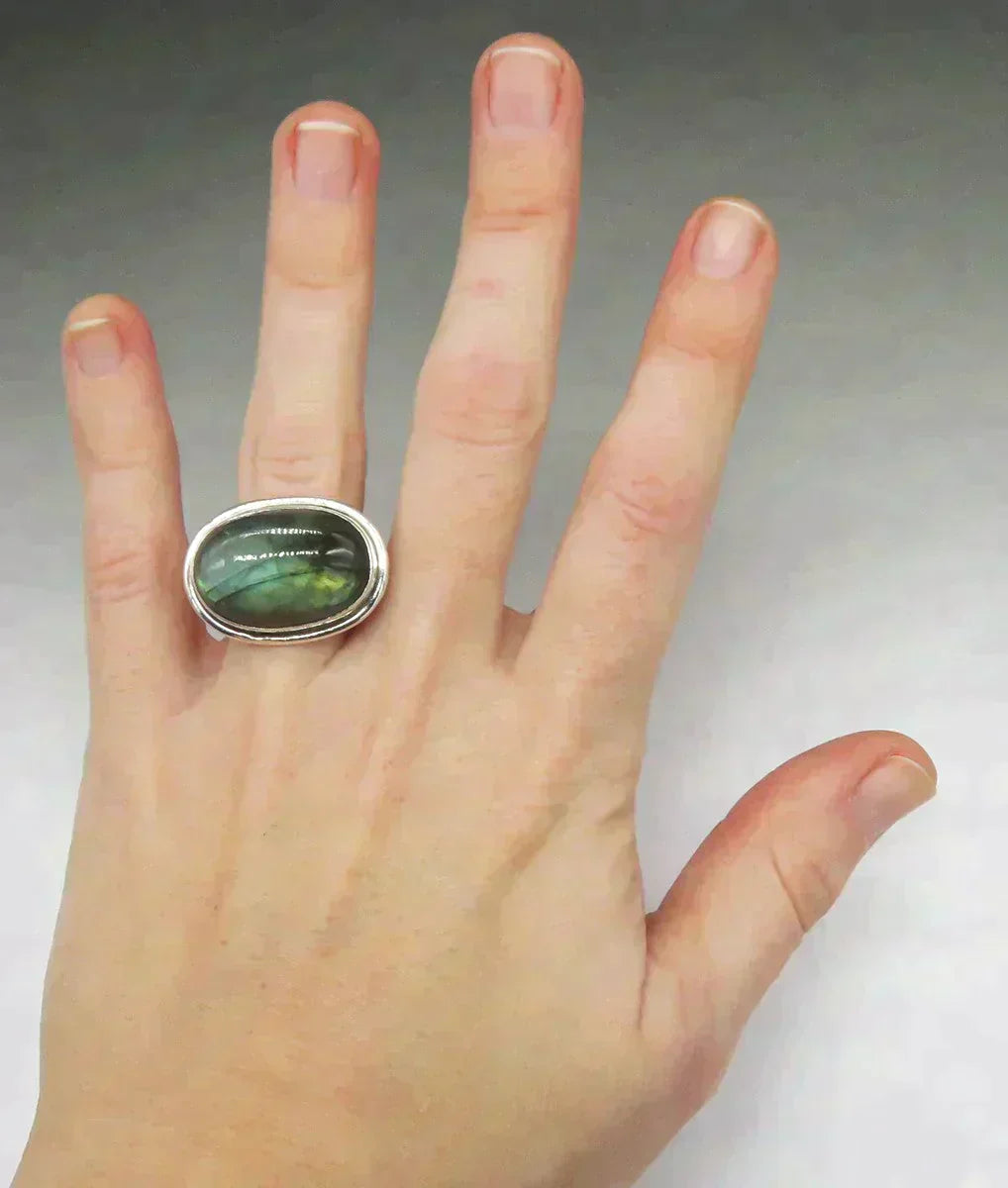 Handcrafted Sterling Silver Labradorite Stone Cabochon Statement Ring