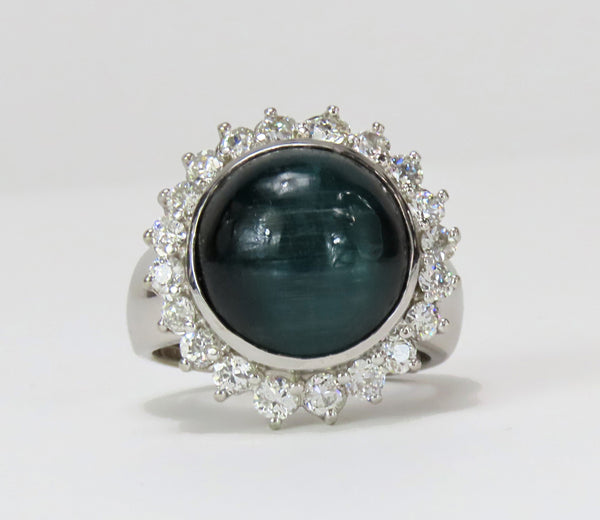 Exquisite 18k White Gold 2ct Diamond Cat's Eye Tourmaline Ring