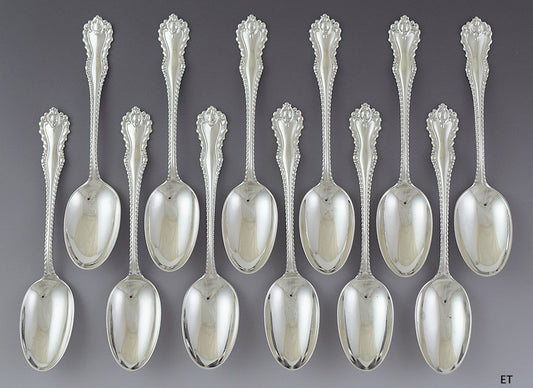 Fine set 12 Dominick & Haff Sterling Silver Mazarin Soup Dessert Place Spoons