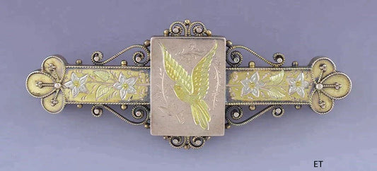 c1850s-1880s Lovely 14k Multi Color Gold Renaissance Revival Pin / Brooch