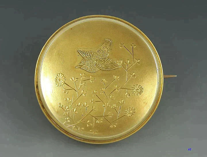 High Victorian 18k Yellow Gold Bird and Flowers Brooch Pin