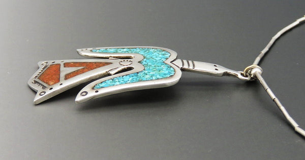 Southwest Native American Indian Sterling Silver Turquoise Bird Pendant Necklace