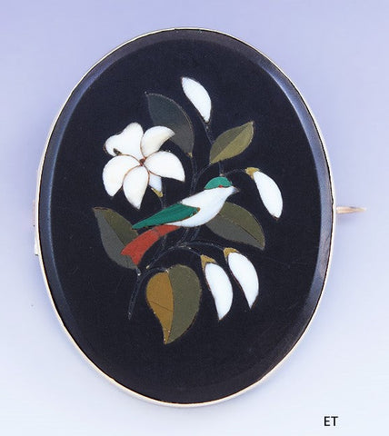 Antique c1860s Beautiful Italian 10k Gold Floral Bird Pietra Dura Pin Brooch