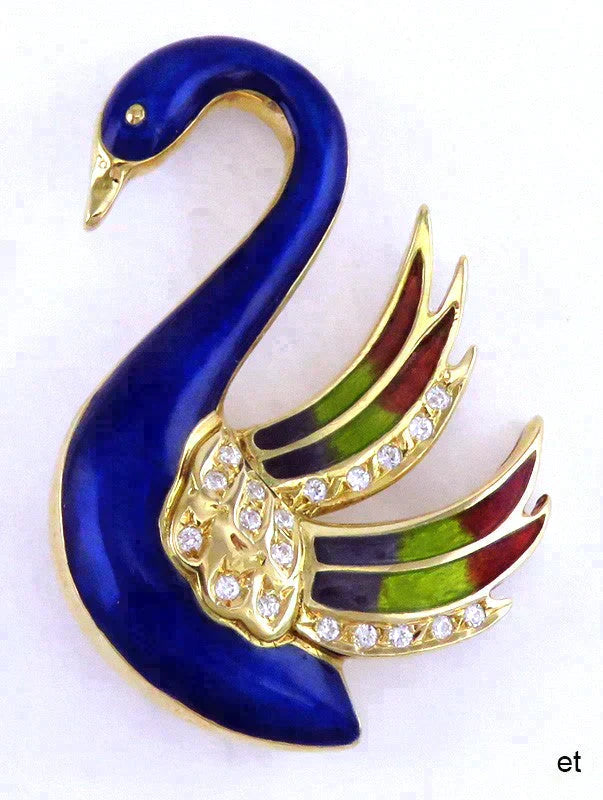 Vibrant 14K Yellow Gold Diamond Blue Enamel Swan Bird Pin