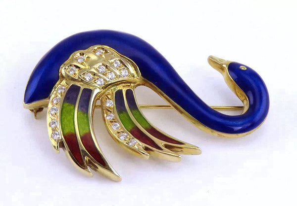 Vibrant 14K Yellow Gold Diamond Blue Enamel Swan Bird Pin