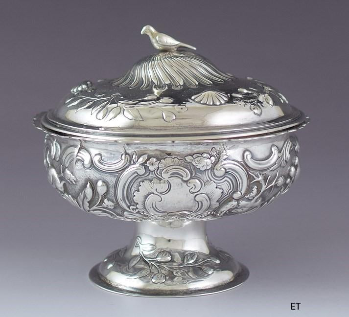 Antique c1750 English? European? Silver Cobalt Glass Sugar Bowl Covered Dish