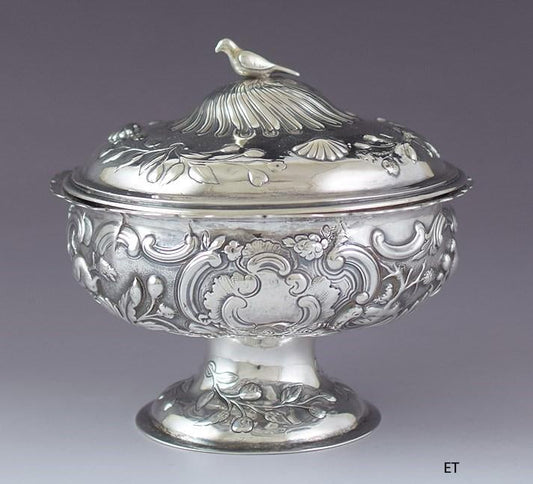 Antique c1750 English? European? Silver Cobalt Glass Sugar Bowl Covered Dish