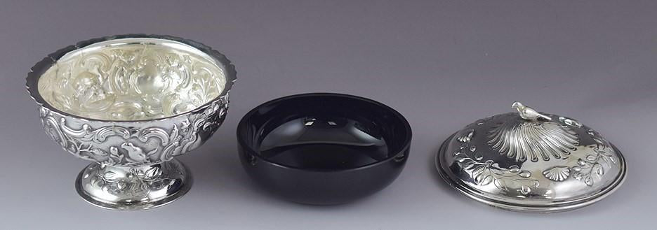 Antique c1750 English? European? Silver Cobalt Glass Sugar Bowl Covered Dish