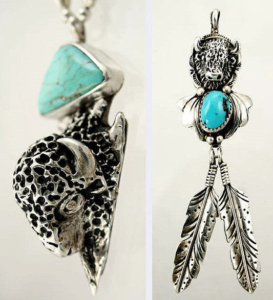 Hand Crafted Southwest Native American Sterling Turquoise Bison Necklace Pendant