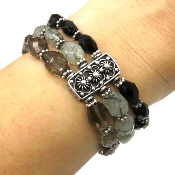 Cartwright Sterling Onyx Rutilated Tourmaline Quartz Topaz Bracelet