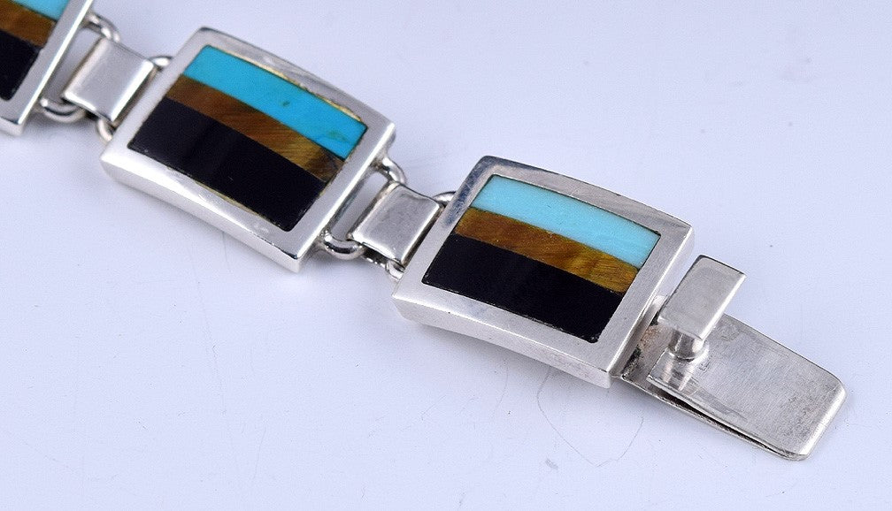Grand Mexican Sterling Silver 14.5 Inch Necklace w/ Onyx, Tiger's Eye, Turquoise
