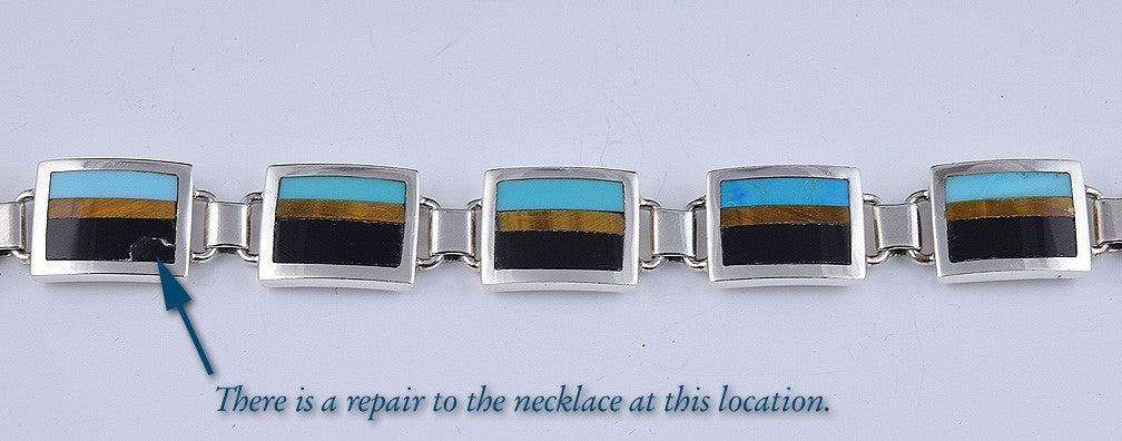 Grand Mexican Sterling Silver 14.5 Inch Necklace w/ Onyx, Tiger's Eye, Turquoise