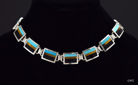 Grand Mexican Sterling Silver 14.5 Inch Necklace w/ Onyx, Tiger's Eye, Turquoise