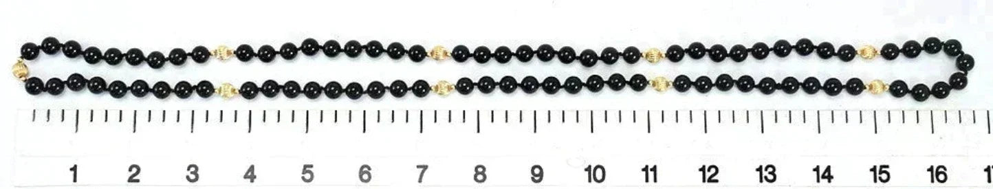Terrific Modern 14k Yellow Gold Beads and Black Stone Beads Knotted Necklace