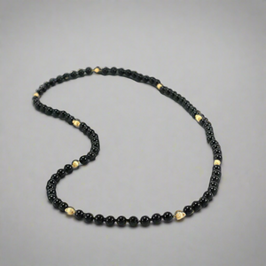 Terrific Modern 14k Yellow Gold Beads and Black Stone Beads Knotted Necklace