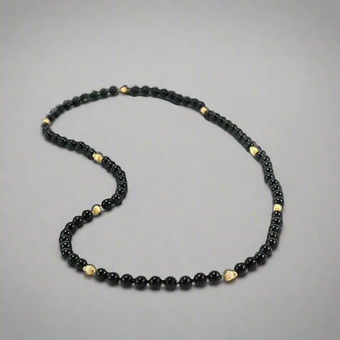 Terrific Modern 14k Yellow Gold Beads and Black Stone Beads Knotted Necklace