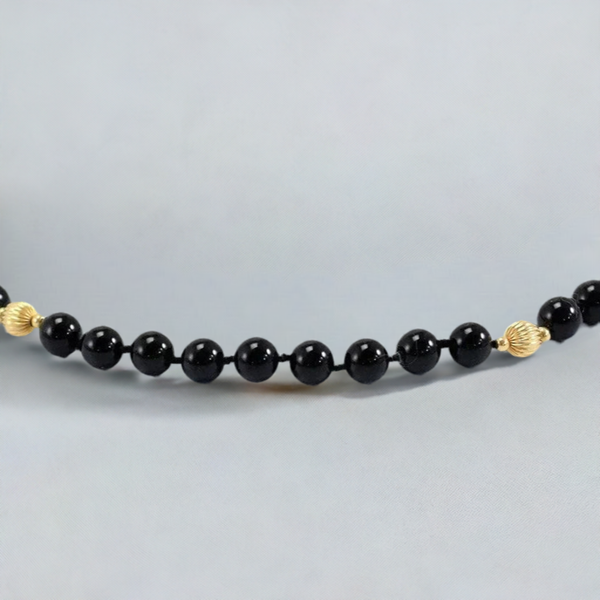 Terrific Modern 14k Yellow Gold Beads and Black Stone Beads Knotted Necklace