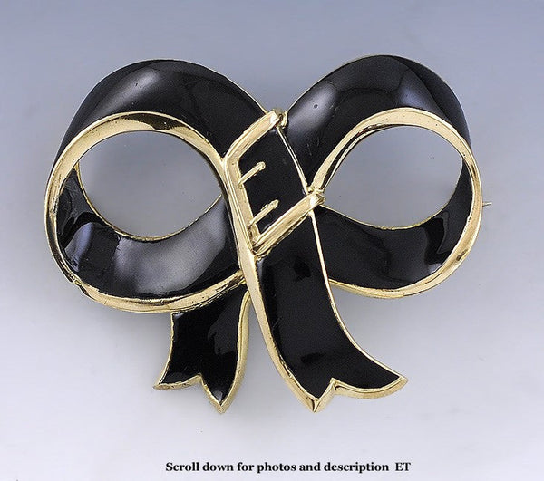 Charming Victorian 18k Gold Black & White Enamel Ribbon Buckle Pin Brooch