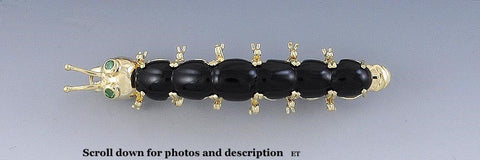 Cute Retro 14k Yellow Gold Onyx Emerald Caterpillar Pin Brooch