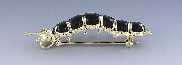 Cute Retro 14k Yellow Gold Onyx Emerald Caterpillar Pin Brooch