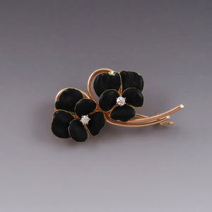 Elegant Antique American 14k Gold Diamond Black Enamel Pansy Pin Brooch